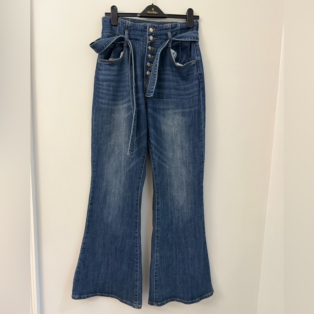 Forever 21 Jeans Womens 28 Blue High Rise Wide Leg Medium Wash Button Fly Denim - Picture 1 of 12